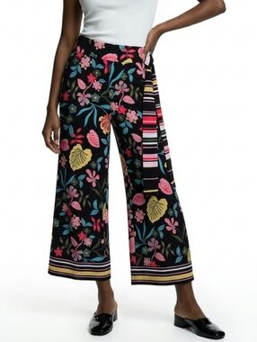 New York & Company Black And Bright Floral Tie Waist Wide Leg Pants Size M NWOT